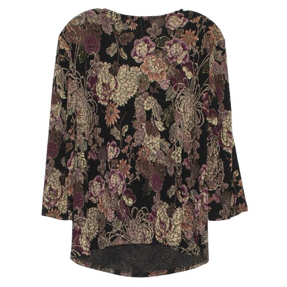 MSK Top 3/4 Sleeve Floral Cottage Romantic Earthy Cowl Neck Metallic Black 1X - Picture 2 of 8